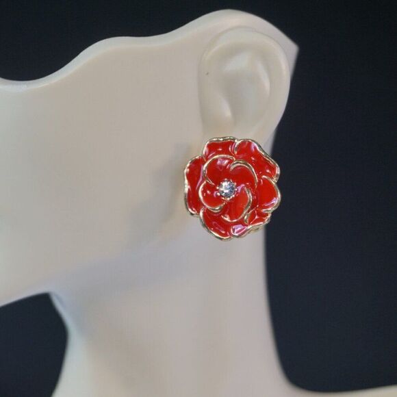 Red Rose Enamel Flower Stud Earrings - Picture 4 of 8